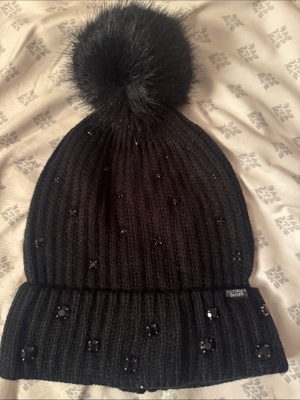 Victoria's Secret Black Knit Pom-Pom Beanie with Sequin Accents